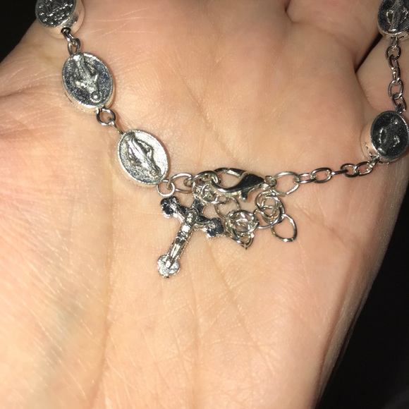 Silver Miraculous Beaded Cross Charm Bracelet - Picture 3 of 6